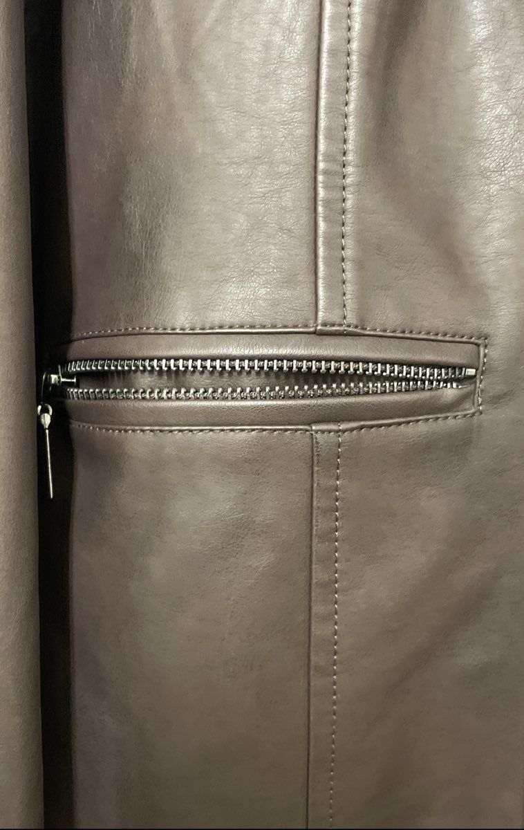Mo-Ka Women's Brown Faux Leather Band Collar Mixed Media Zip Jacket Sz 1X