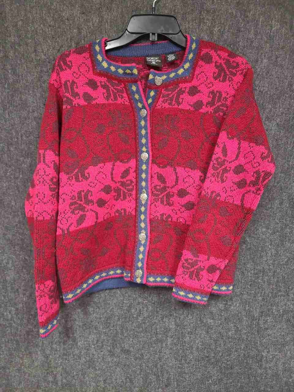 Vintage Nordic Design Women's Red Pink Wool Cardigan Sweater Petite Small PS