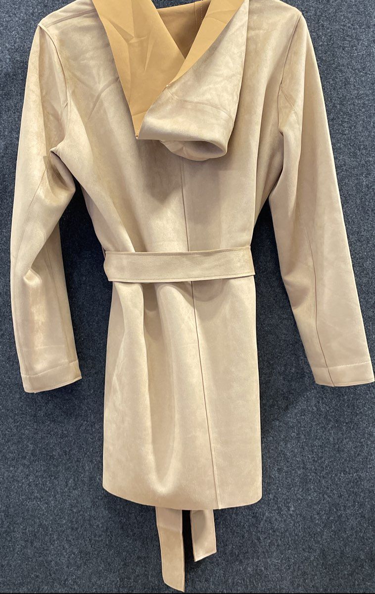 Joan Vass Women's Sesame Faux Leather Hooded Belted Wrap Coat Sz S NWT