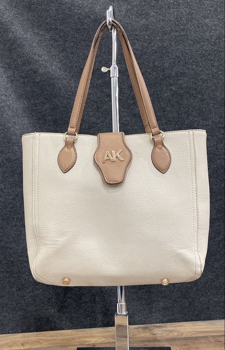 Anne Klein White Pebbled Leather Tote Bag Gold Hardware AK Logo