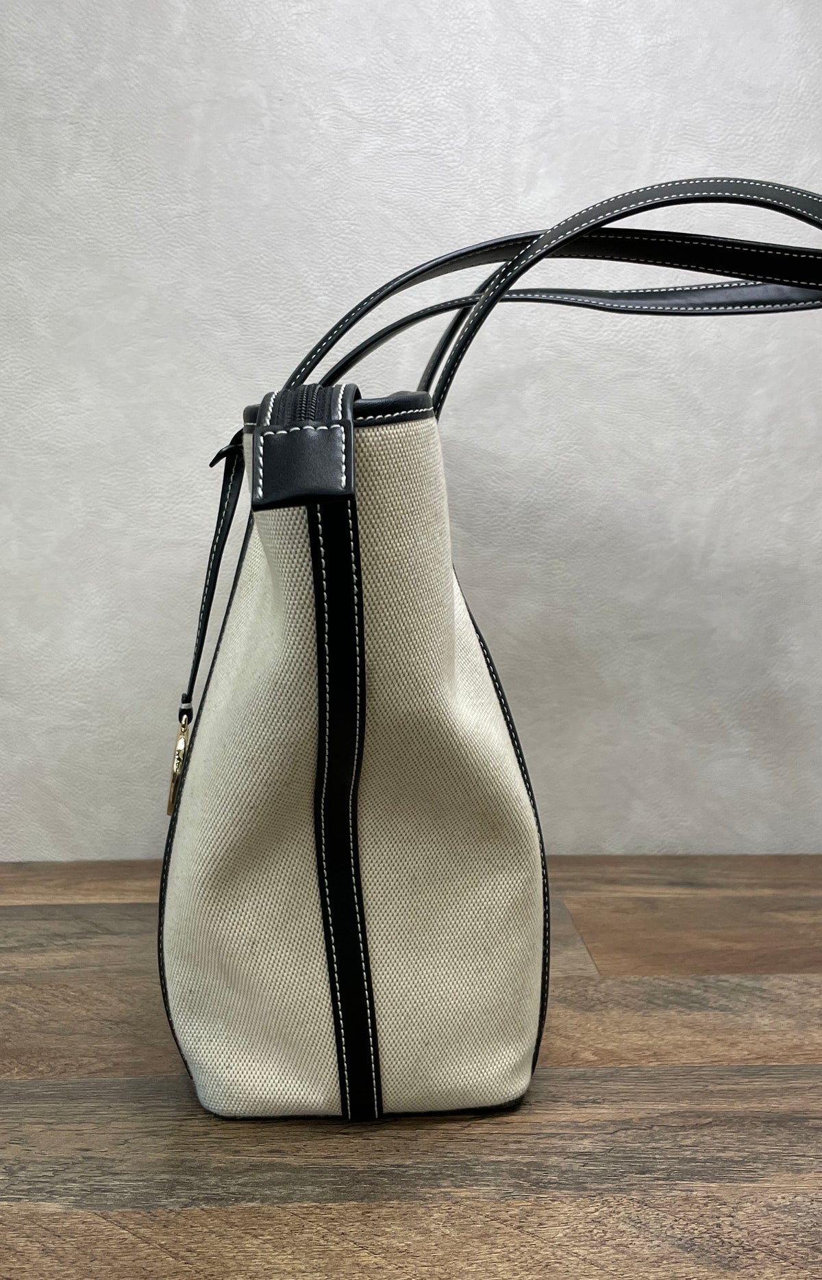 Michael Kors Off-White Canvas Black Leather Trim Zip Top Tote Bag Gold Tone