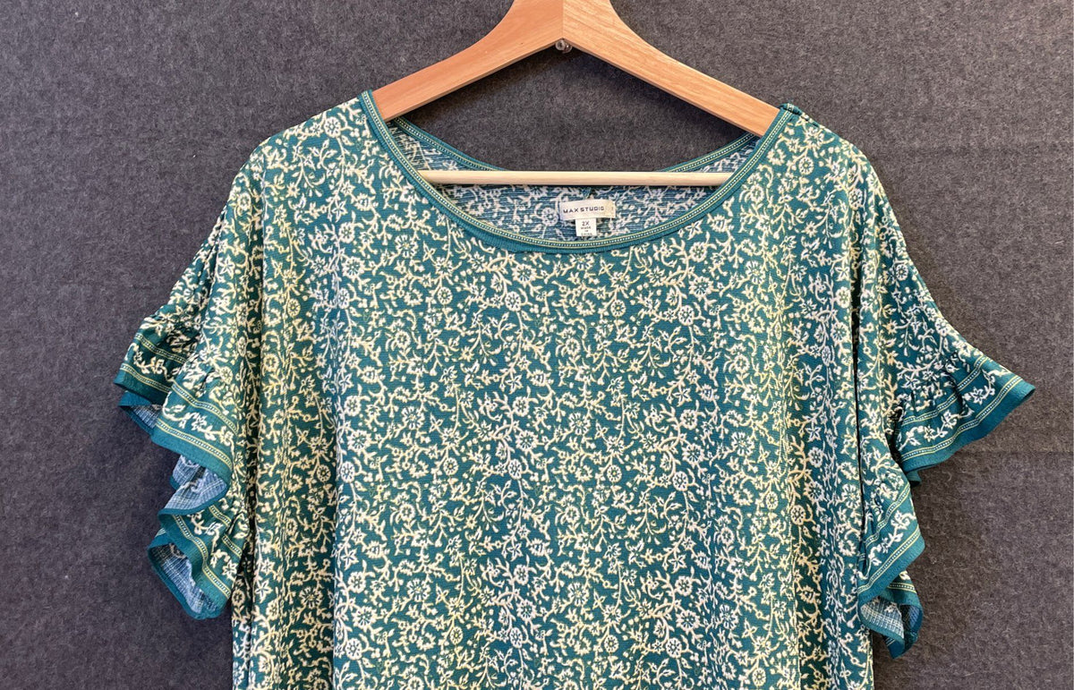 Max Studio Women's Teal Floral Ruffle Flutter Sleeve Tunic Dress Sz 2X