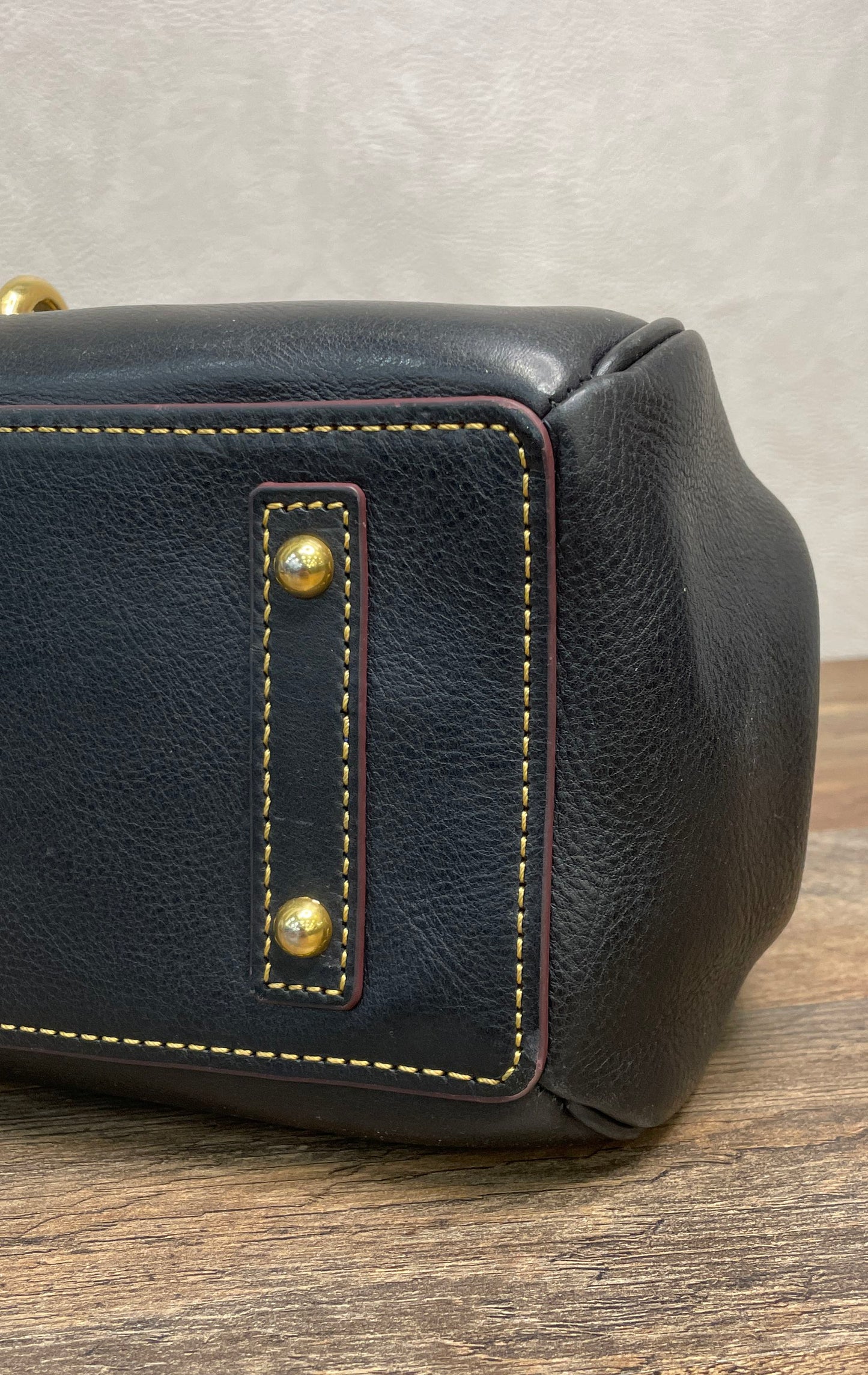 Dooney & Bourke Black Pebbled Leather Satchel Bag Brass Hardware Red Lining