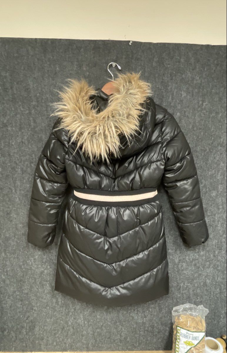 Michael Kors Girls Black Puffer Jacket Parka Faux Fur Hood Pink Trim Sz 10/12