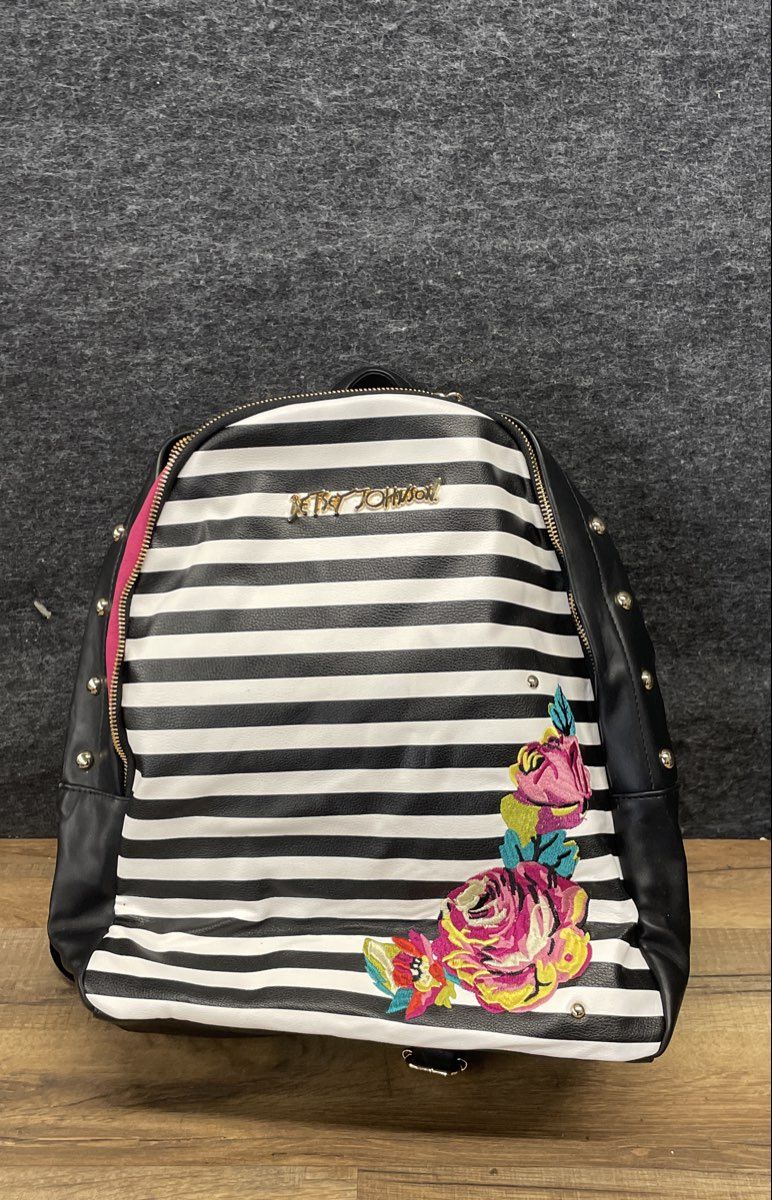 Betsey Johnson Black White Striped Floral Embroidered Studded Backpack NWT