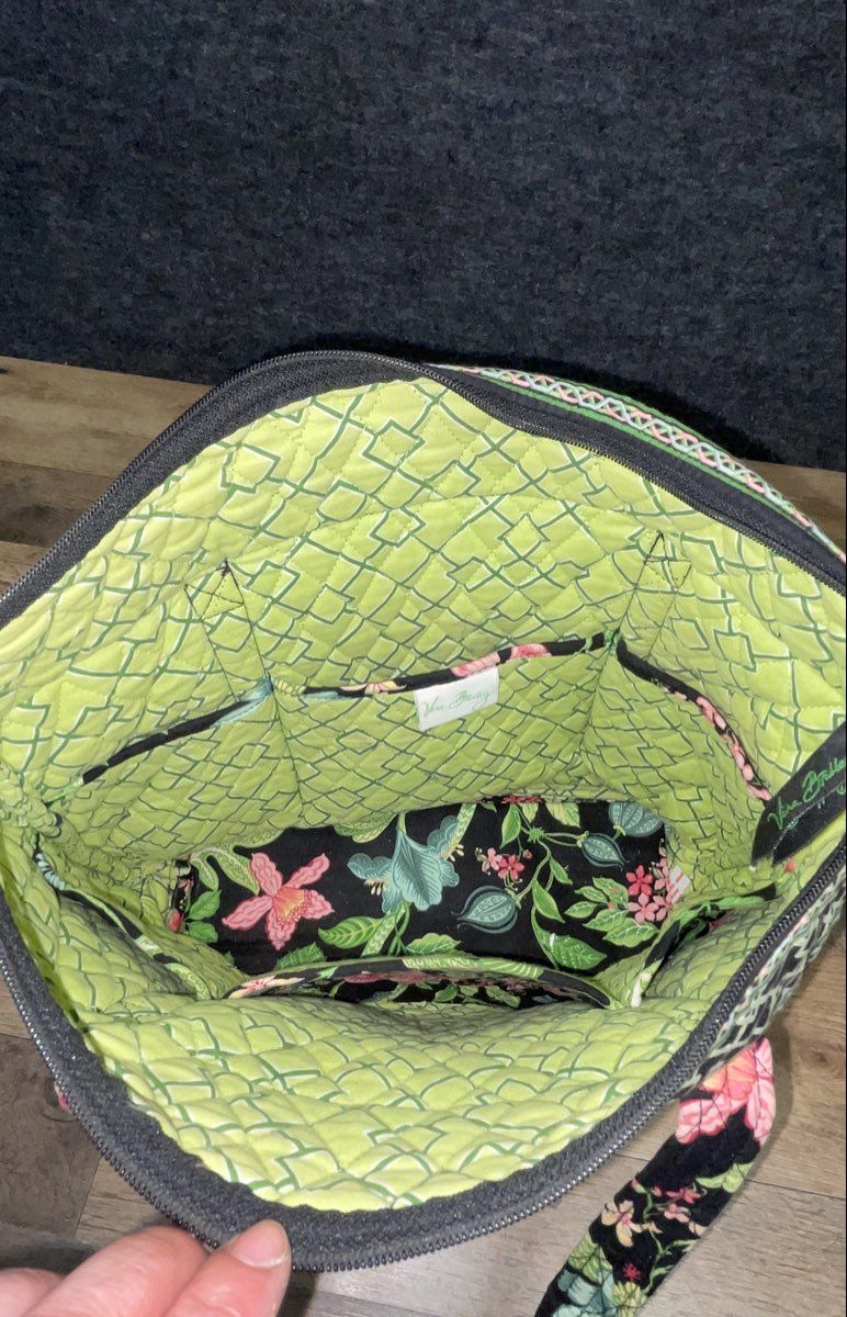 Vera Bradley Petal Pink Floral Black Quilted Cotton Tote Bag Large Zip Top