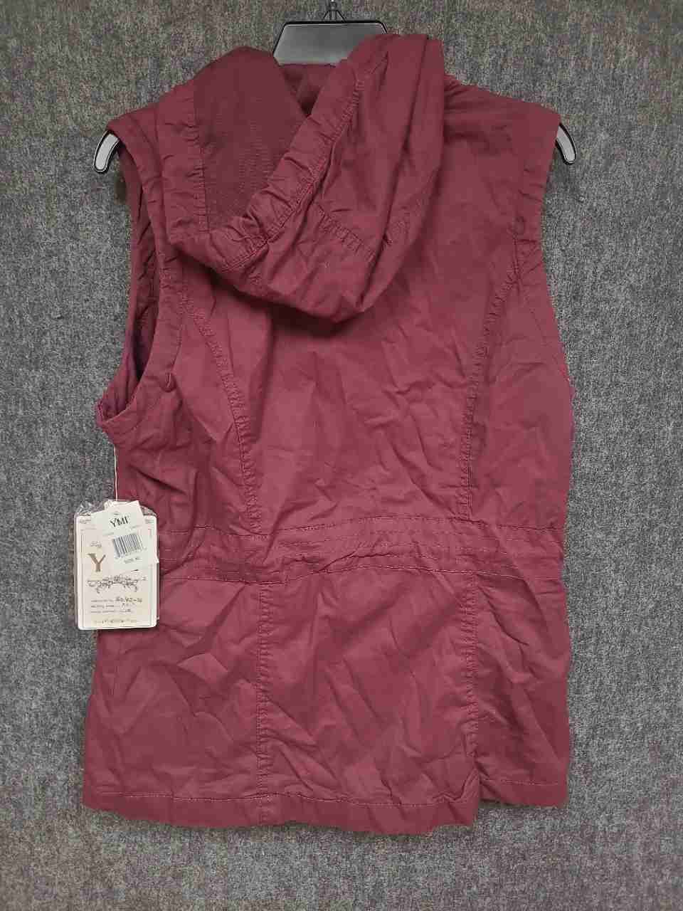 YMI Women's Sangria Maroon Hooded Utility Vest Cotton Full Zip Snap NWT Sz XL