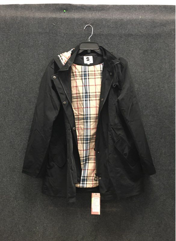 Saphirose Women's Black Trench Coat Rain Jacket Plaid Lined Hooded XL NWT