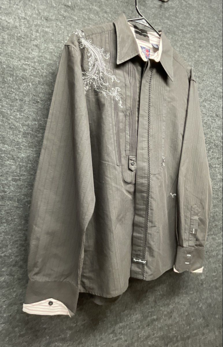 English Laundry Men's Gray Embroidered Paisley Pleated Bib Button Up Shirt XL