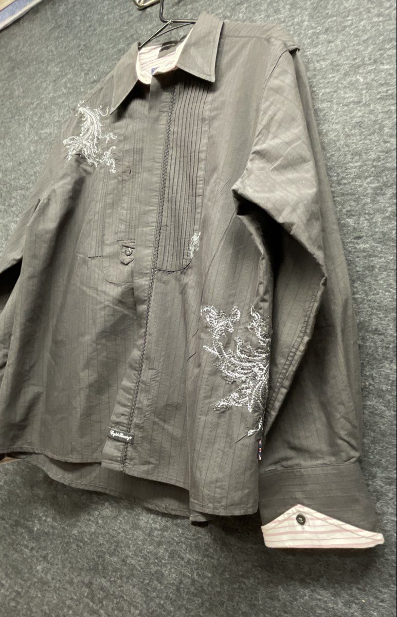 English Laundry Men's Gray Embroidered Paisley Pleated Bib Button Up Shirt XL