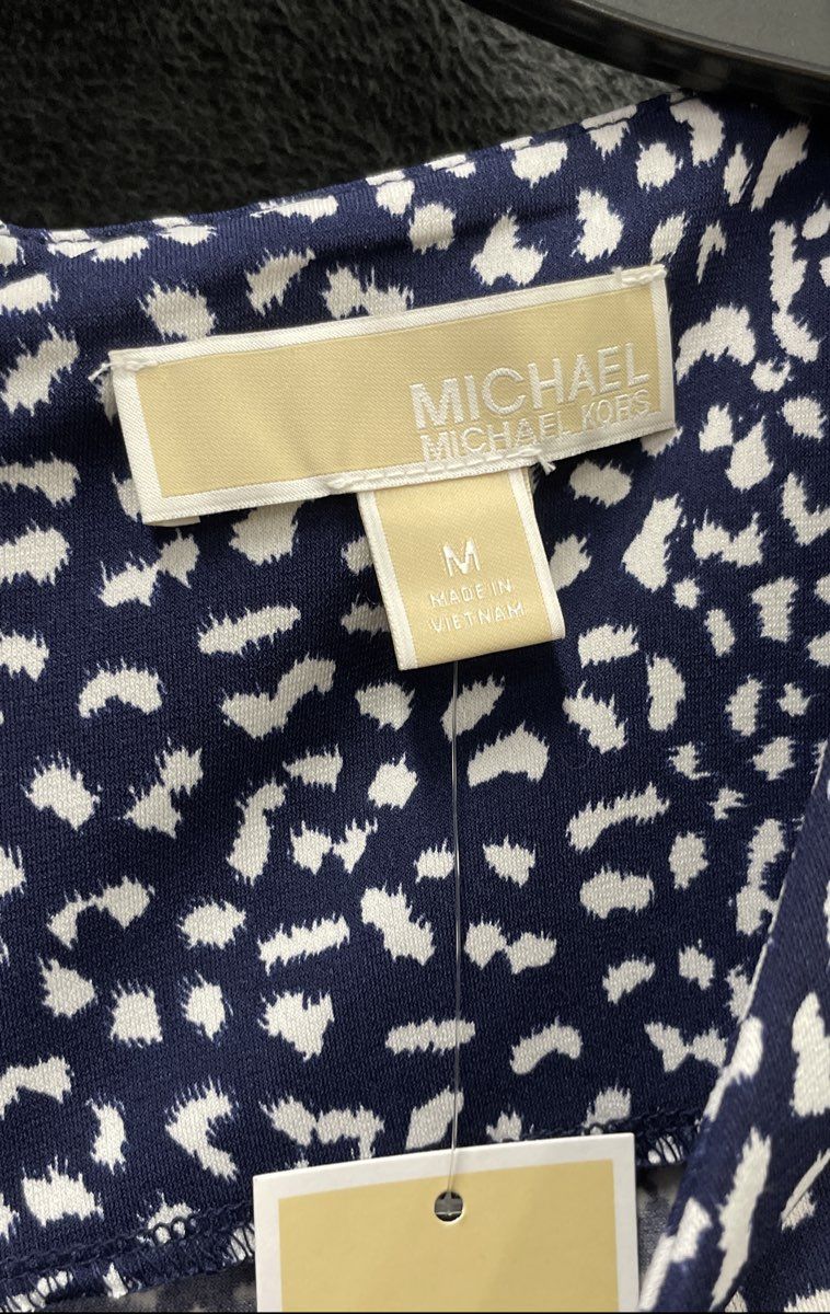 Michael Kors Women's Navy Blue Animal Print Long Sleeve Faux Wrap Dress Sz M