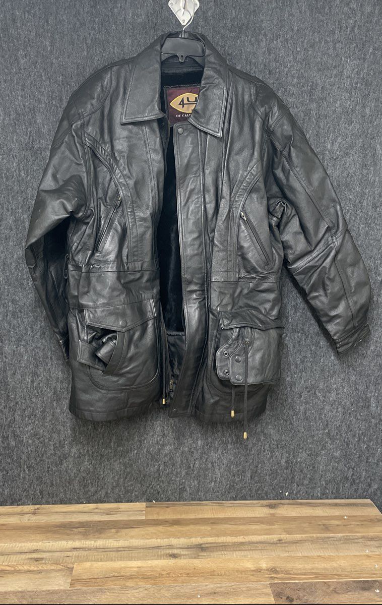 Vintage 90s 4U of California Men's Black Leather Insulated Hooded Coat Sz XL