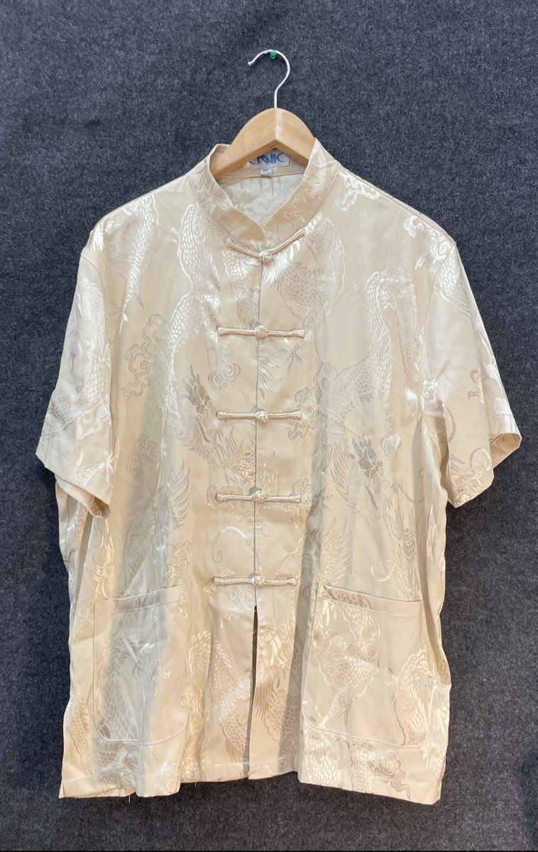 CNNIC Men's Tang Suit Cream Dragon Jacquard Short Sleeve Frog Button Sz 3XL