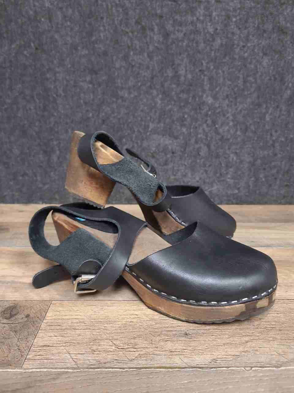 Lotta from Stockholm Highwood Black Leather Slingback Wooden Clogs Size 39