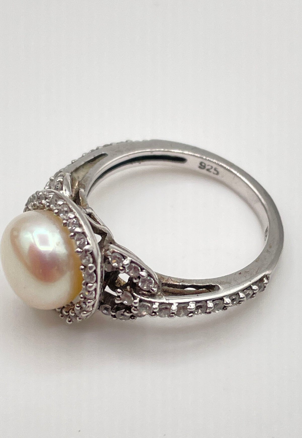 Delmar 925 Sterling Silver White Pearl CZ Halo Accent Ring 3.7g
