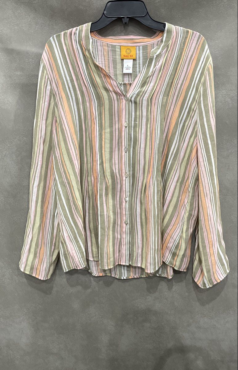 Ruby Rd. Women's Multicolor Striped Roll Tab Long Sleeve Button Up Blouse Size L