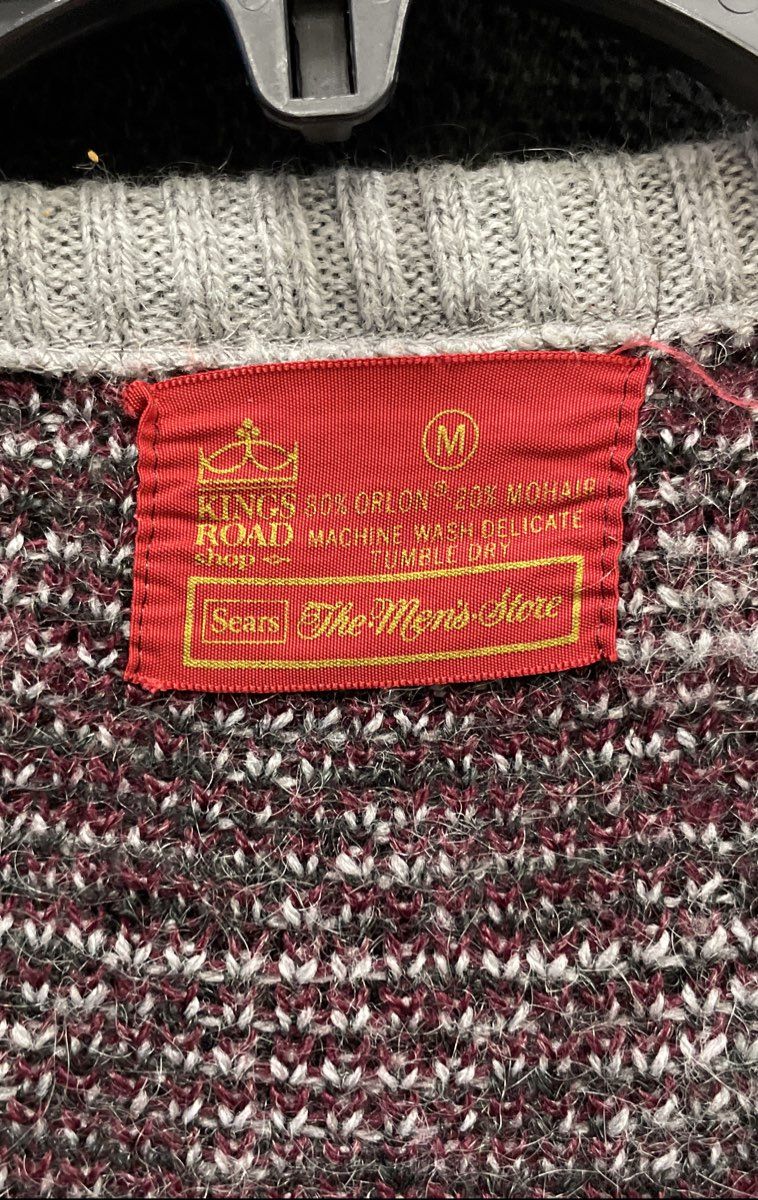 Vintage 70s Kings Road Men's Sweater Vest Gray Maroon Mohair Blend Fuzzy Sz M