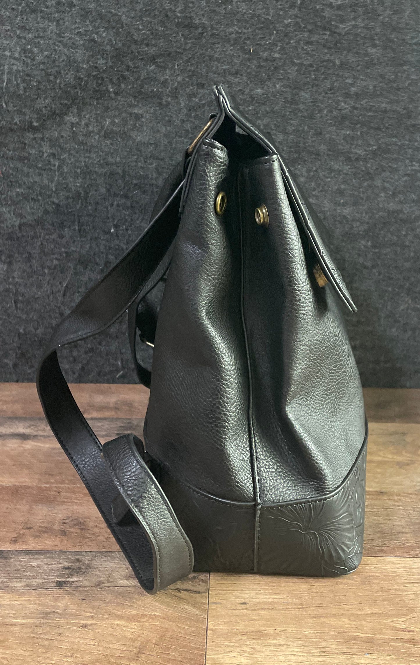Darcy Marks Black Floral Embossed Pebbled Leather Backpack Handbag Gold Hardware