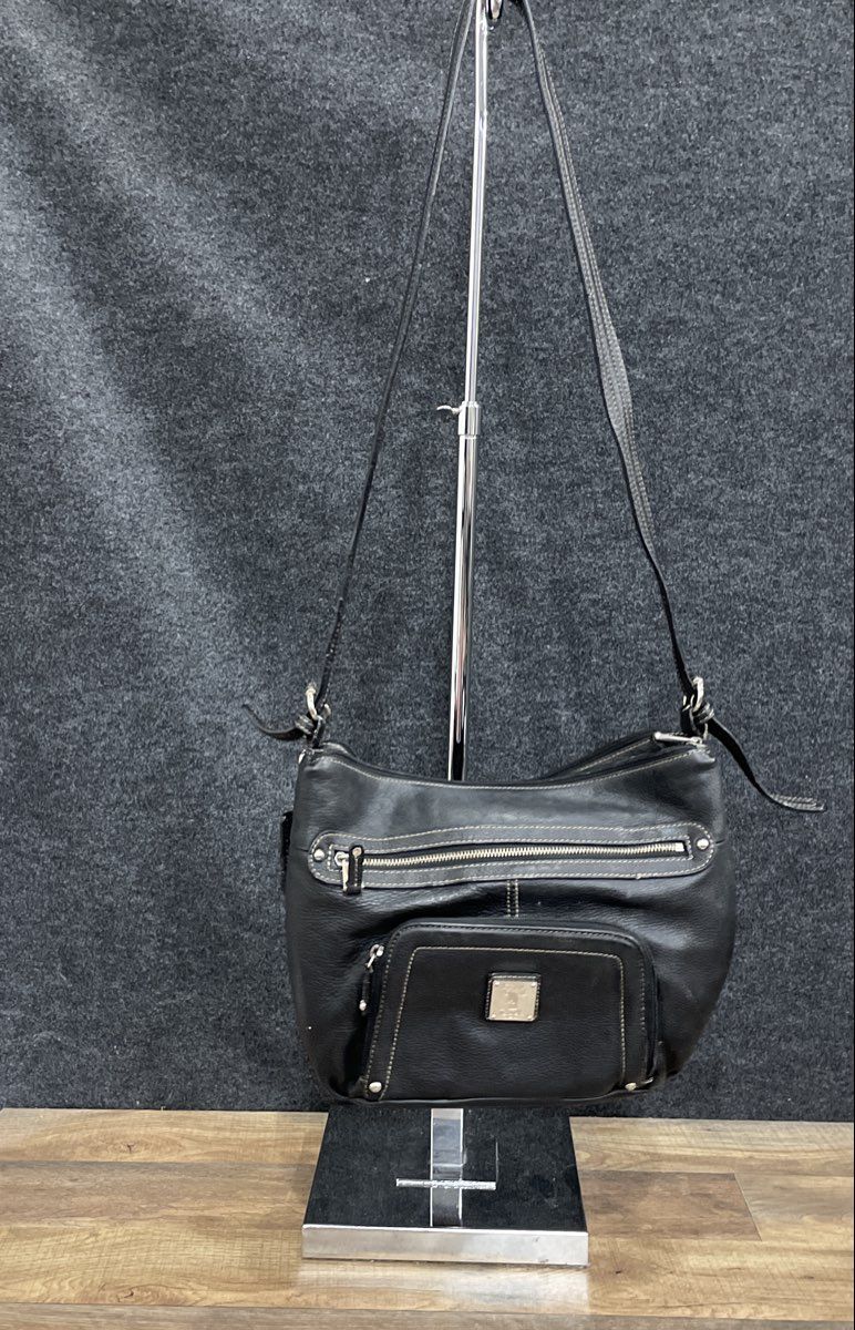 Tignanello Black Leather Multi Pocket Crossbody Bag Silver Hardware