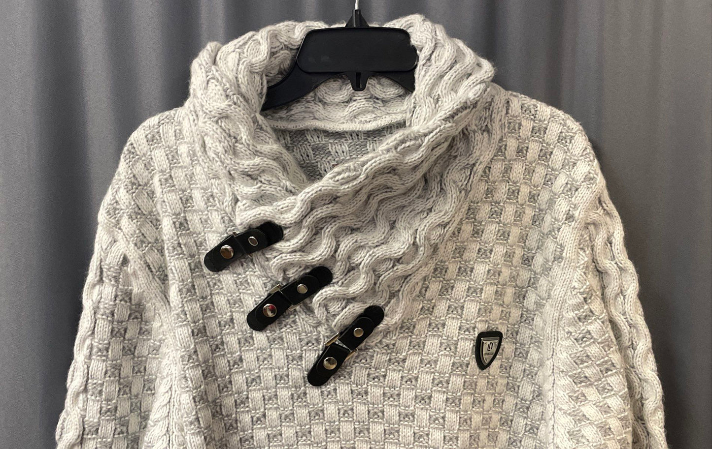 Leif Nelson Men's Gray Shawl Neck Buckle Strap Basketweave Knit Sweater Sz XL