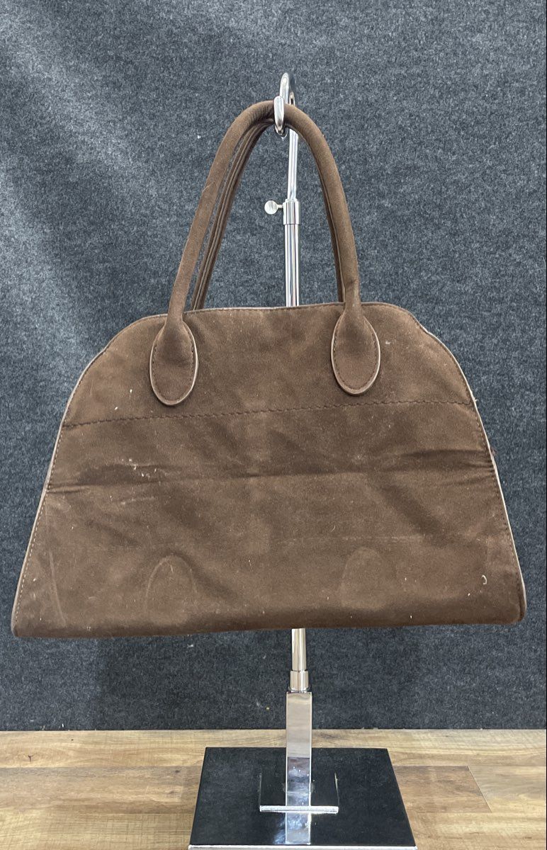 Brown Faux Suede Large Satchel Tote Handbag Gold Tone Hardware