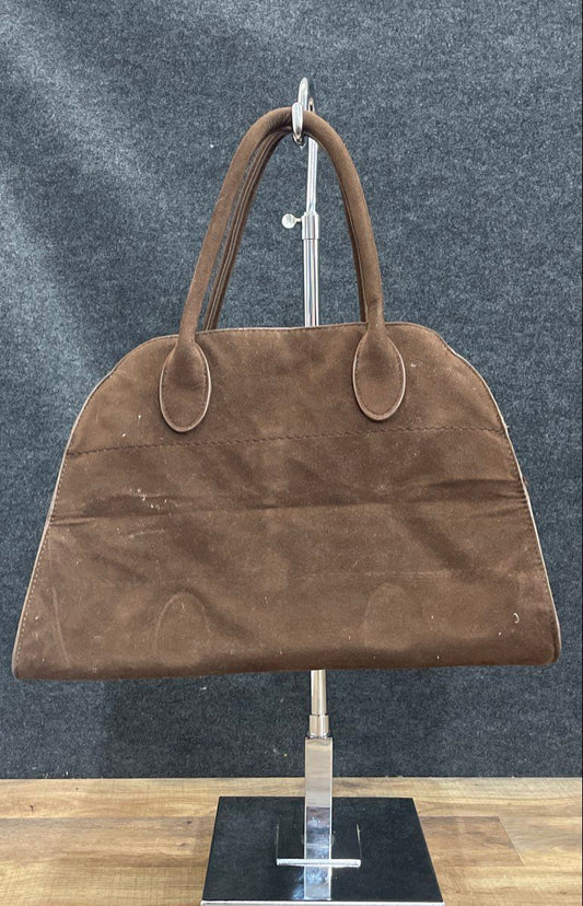 Brown Faux Suede Large Satchel Tote Handbag Gold Tone Hardware