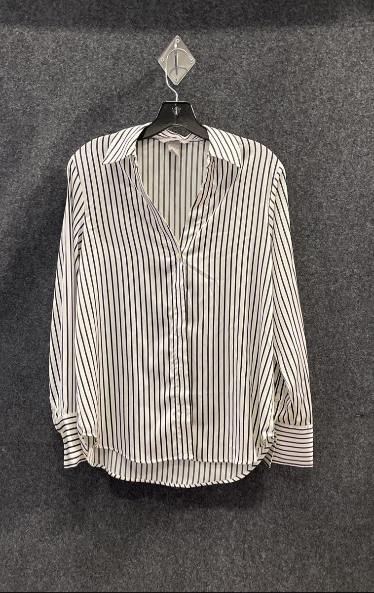 H&M Women's White Black Stripe Button Down Long Sleeve Shirt Sz S