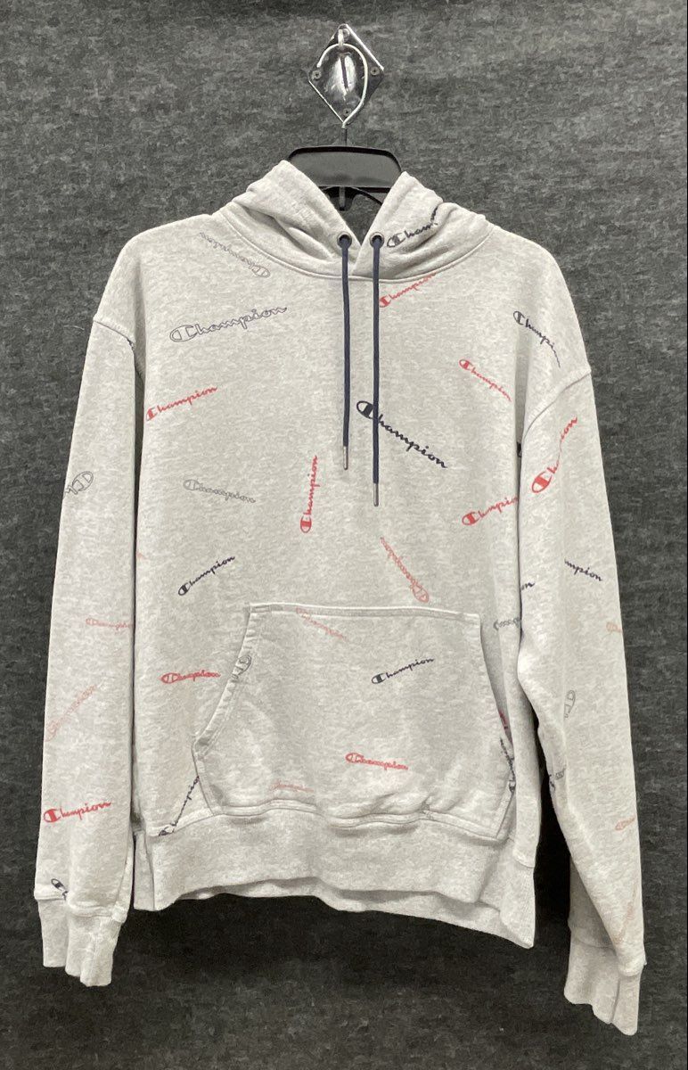 Champion Men's Hoodie Heather Grey All Over Script Logo Print Size M