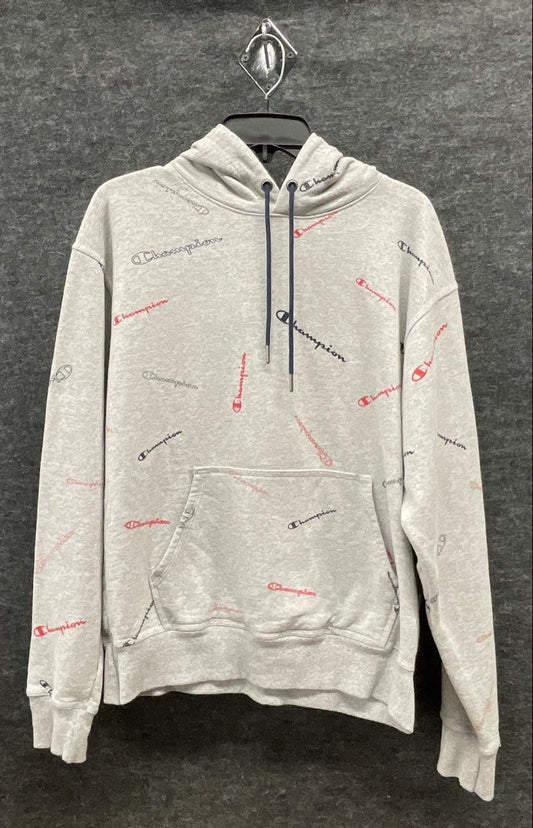 Champion Men's Hoodie Heather Grey All Over Script Logo Print Size M