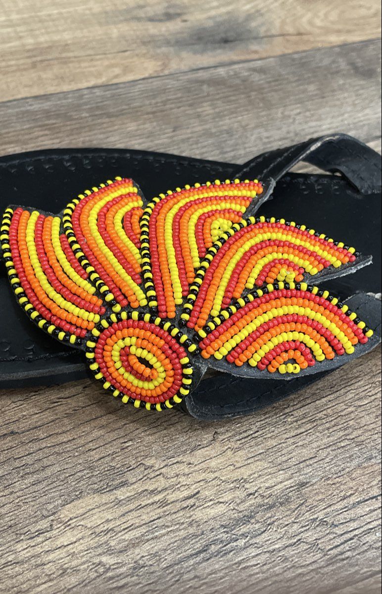 Handmade Beaded Leather Thong Sandals Black Yellow Red Orange Size 40