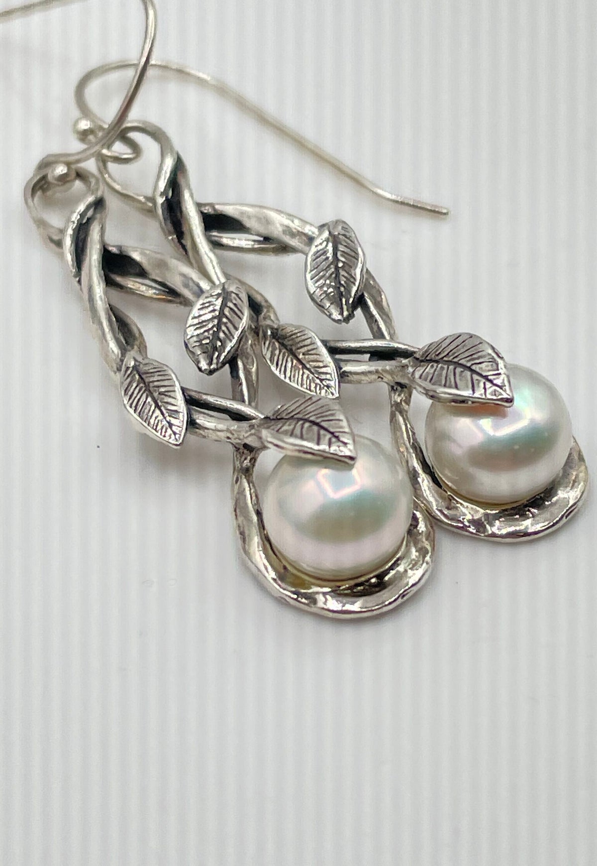 925 Sterling Silver Faux Pearl Twisted Vine Drop Earrings 7.2g