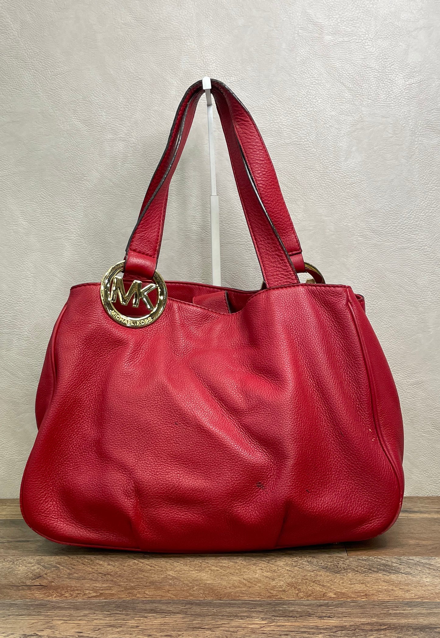 Michael Kors Red Pebbled Leather Fulton Shoulder Bag Gold Hardware