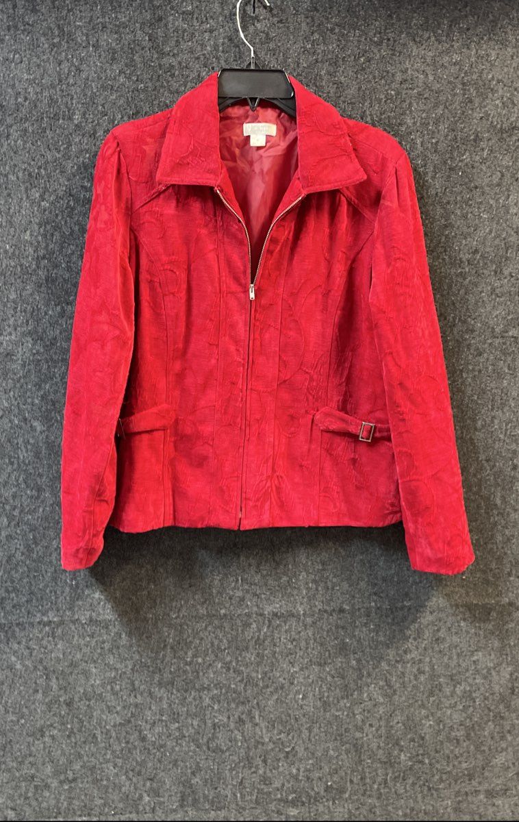 Christopher & Banks Women's Red Textured Floral Full Zip Collared Jacket Sz M