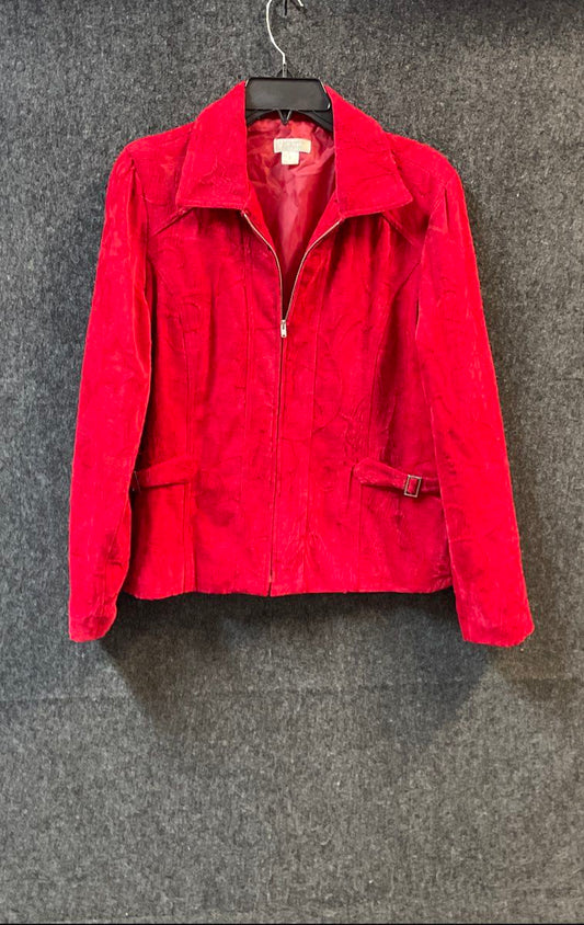 Christopher & Banks Women's Red Textured Floral Full Zip Collared Jacket Sz M