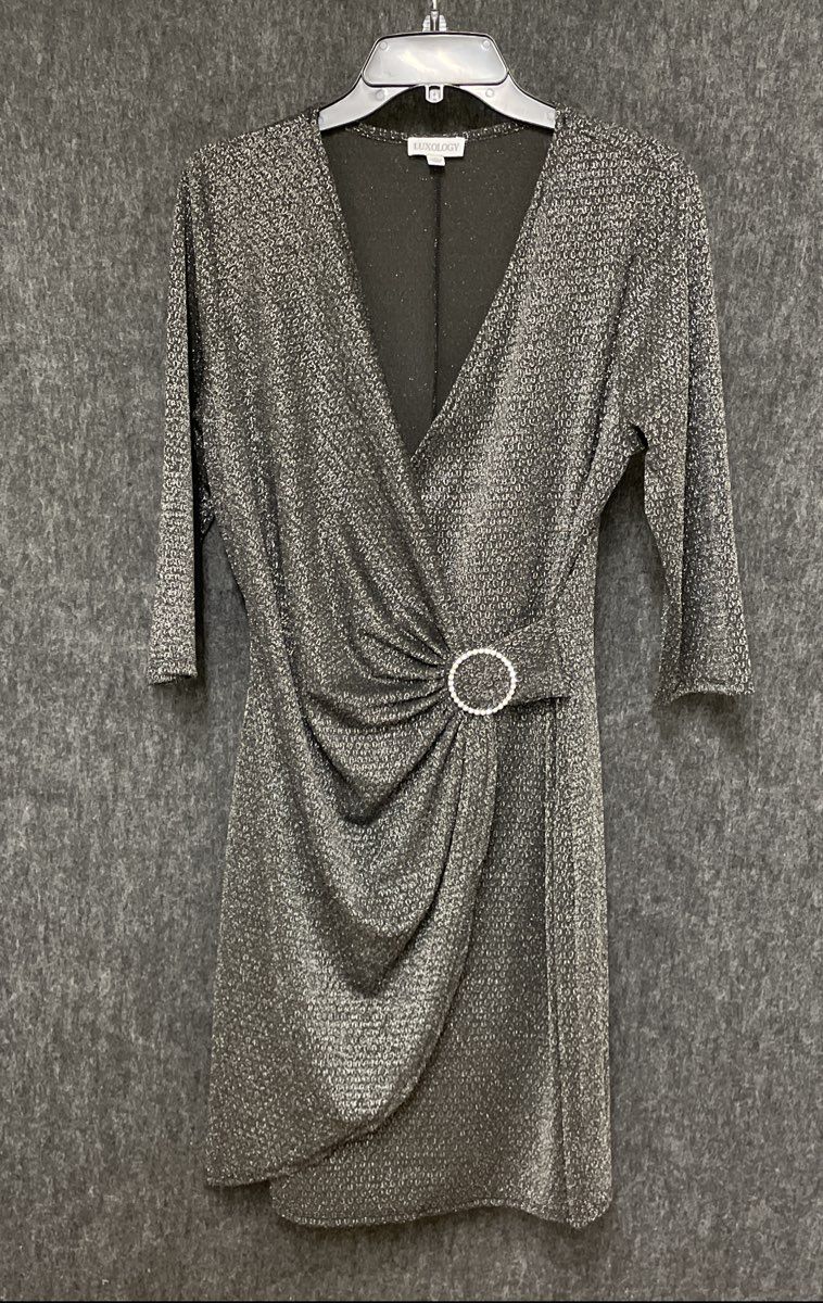 Luxology Women's Silver Black Shimmer Metallic Knit Rhinestone Buckle Dress L