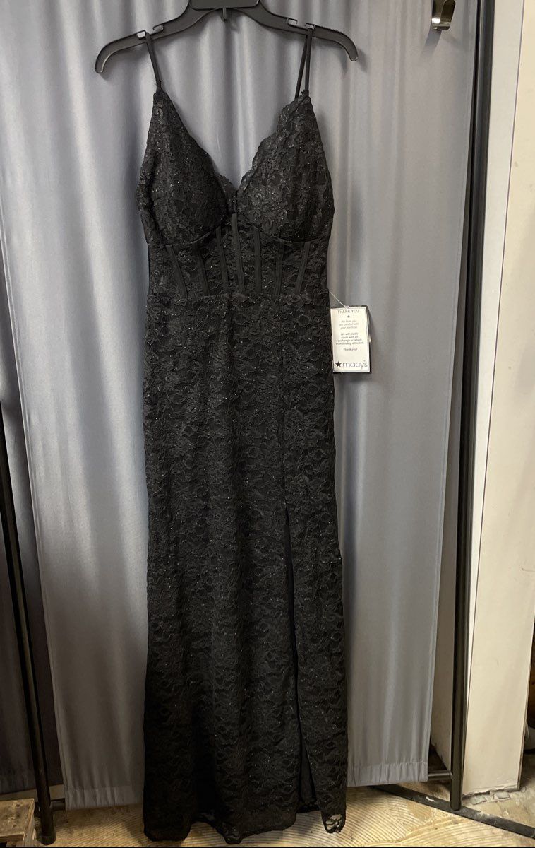 Morgan & Co. Women's Black Lace Glitter Corset Bodice Slit Formal Dress Sz 7 NWT