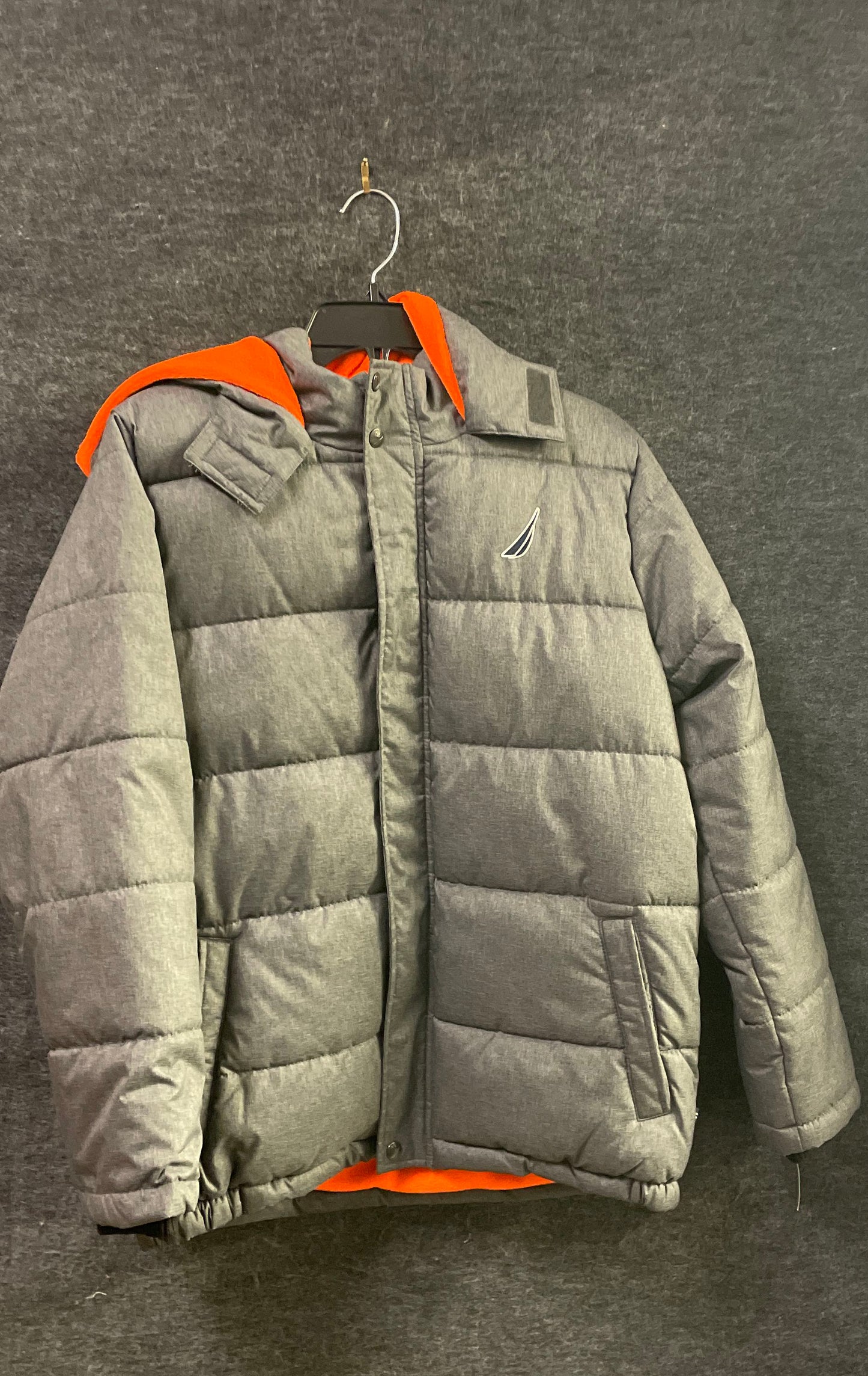 Nautica Boys' Gray Hooded Puffer Jacket Orange Fleece Lined Quilted Sz 14/16