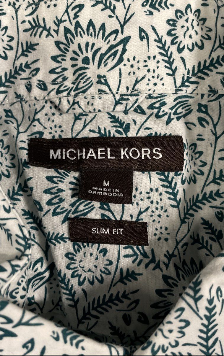 Michael Kors Men's White Aqua Blue Floral Print Slim Fit Button Down Shirt Sz M
