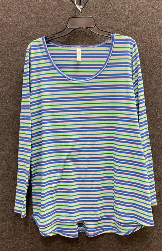 LuLaRoe Women's Blue Green Purple Striped Long Sleeve High Low Tunic Top Sz 2XL