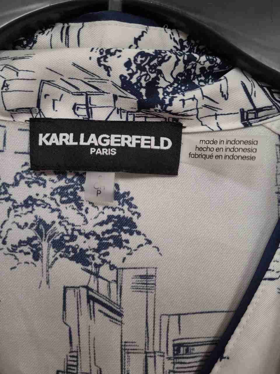 Karl Lagerfeld Paris Women's Blue White Paris Toile Tie Neck Blouse Sz P