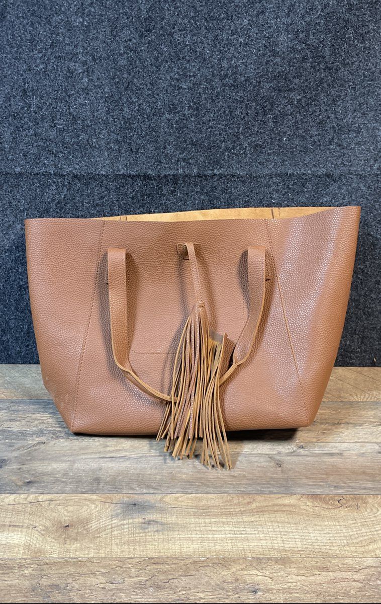 Tanger Tan Pebbled Tassel Tote Bag Large Handbag Shoulder Bag Brown