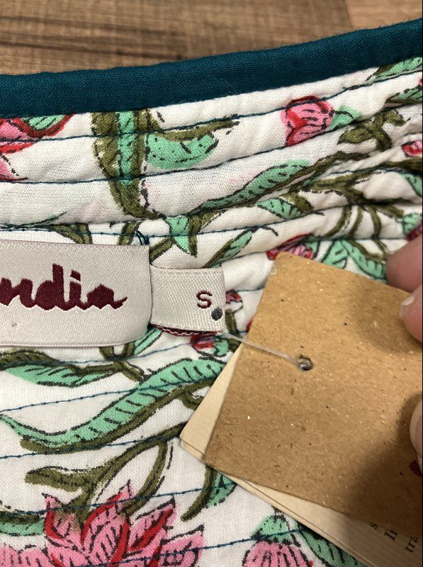 Fabindia Women's Teal Cotton Quilted Tailored Jacket Floral Print Liner Sz S NWT