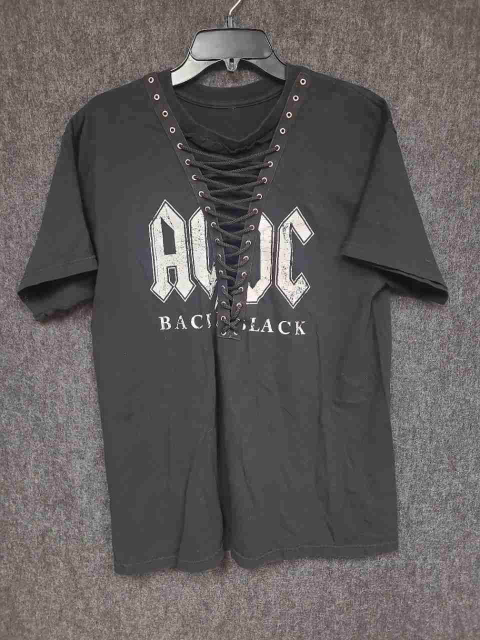 AC/DC Back in Black Album T-Shirt Reprint Lace-Up V-Neck Womens Sz L