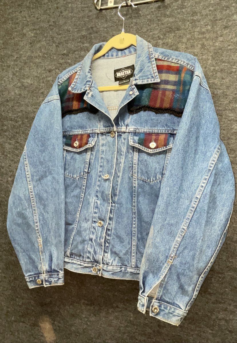 Vintage 90s Braetan Women's Denim Jacket Blue Plaid Wool Trim Western Sz L