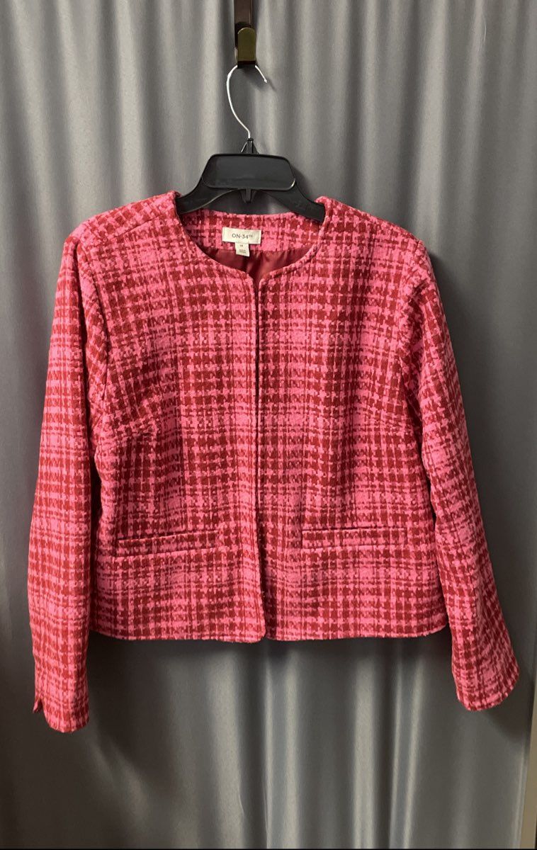 On 34th Women's Pink Houndstooth Wool Blend Collarless Jacket Sz 14
