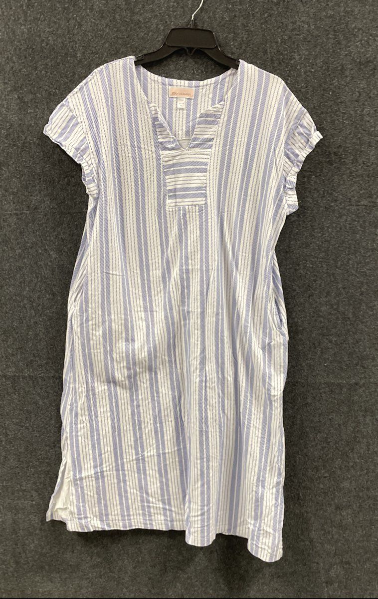 Stan Herman Womens Petite T-Shirt Dress Blue White Striped Cotton V-Neck Sz PL