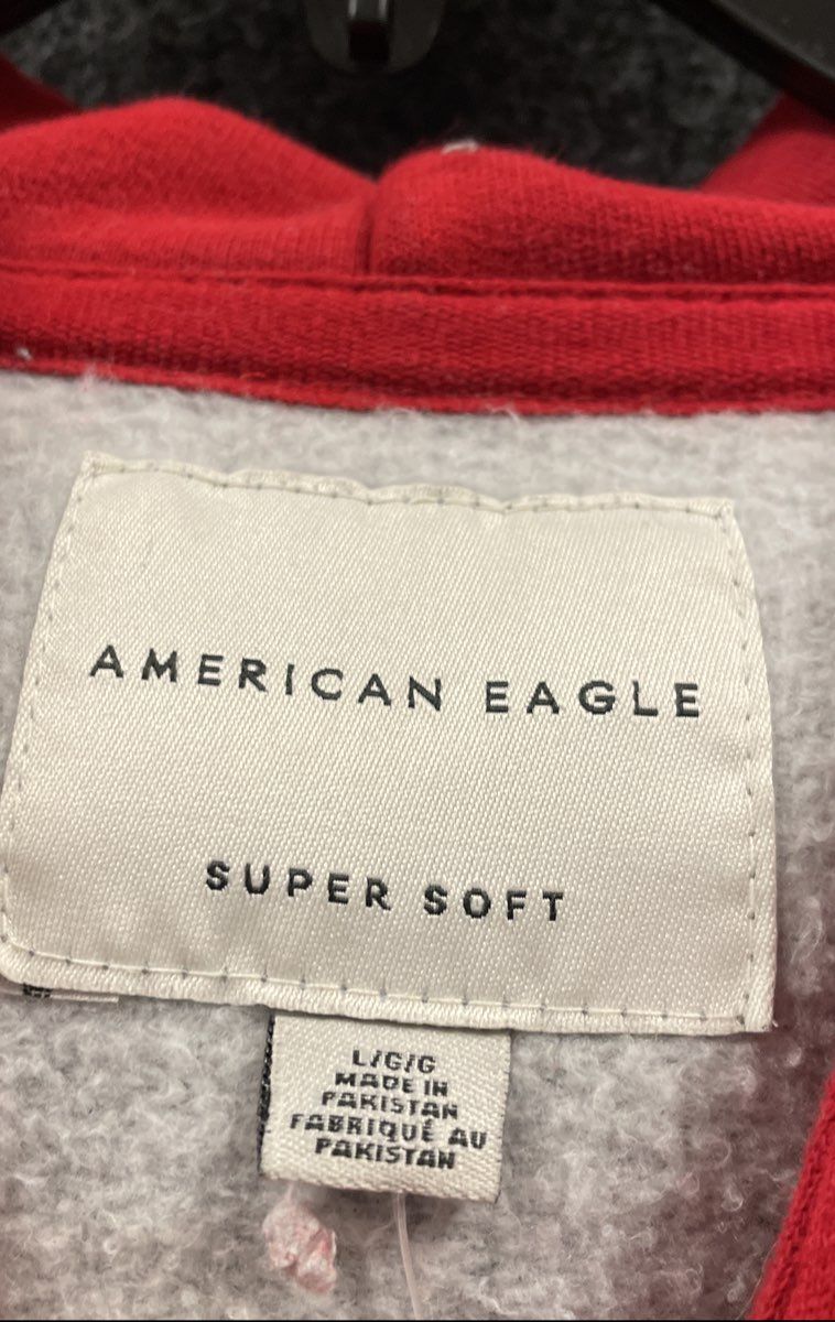 American Eagle Men's Gray Red Raglan Logo Super Soft Pullover Hoodie Sz L