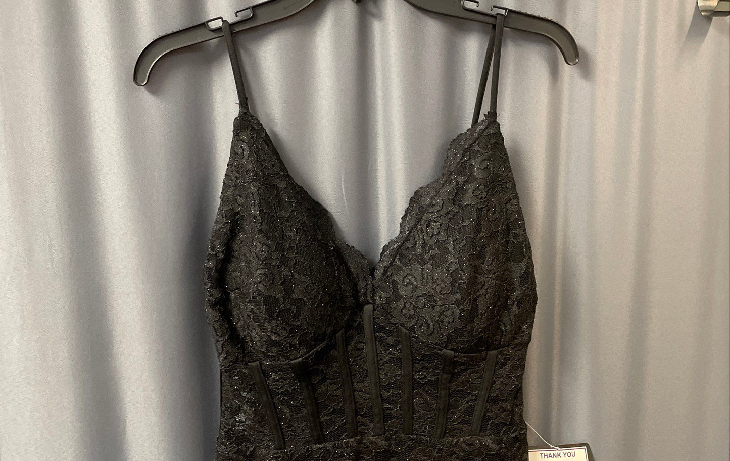 Morgan & Co. Women's Black Lace Glitter Corset Bodice Slit Formal Dress Sz 7 NWT