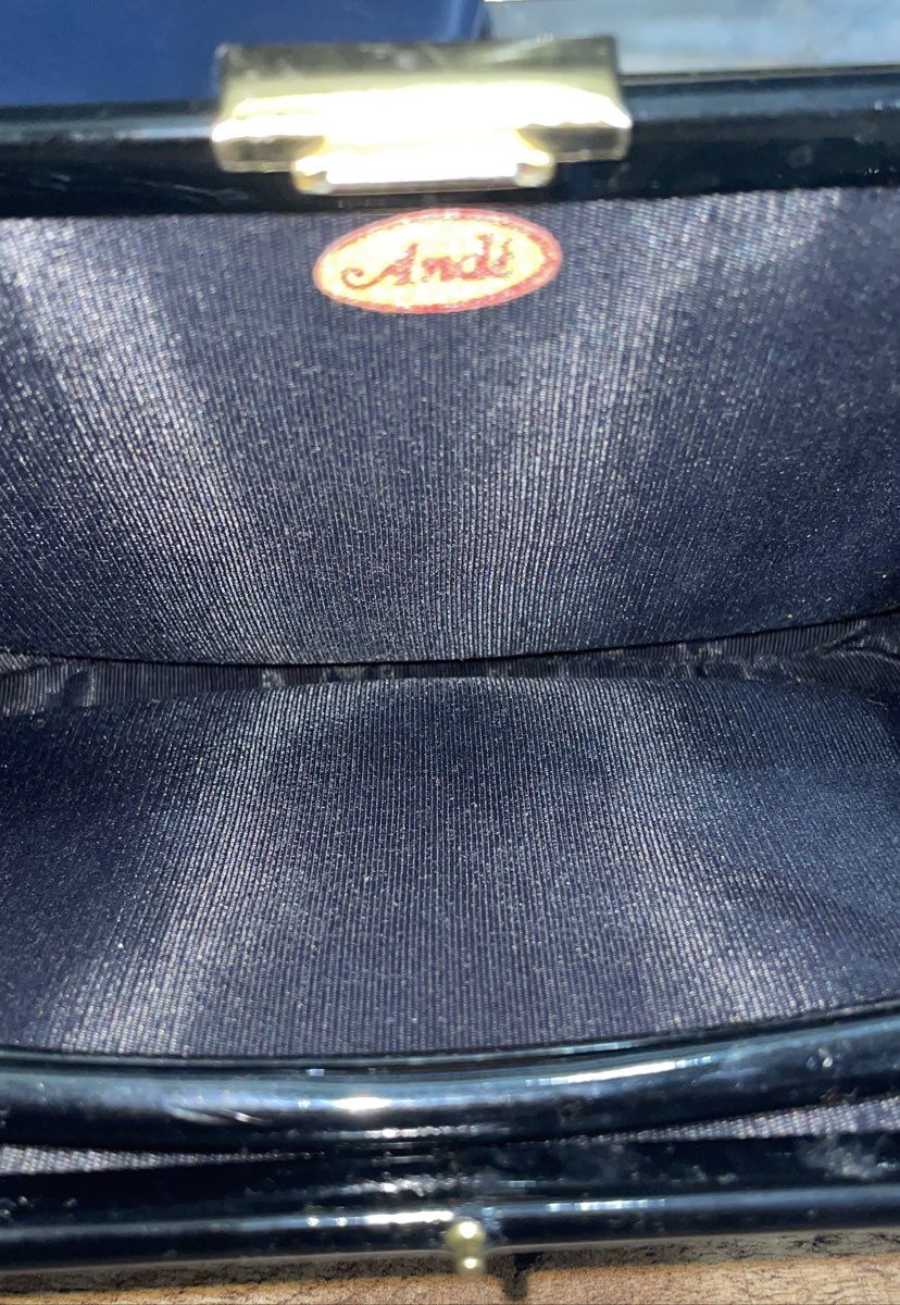 Vintage 60s Ande Navy Blue & Black Patent Clutch Handbag Purse Lot of 2