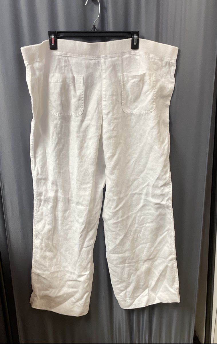 J. Jill Women's White Linen Straight Leg Elastic Waist Pocket Pants Sz 20